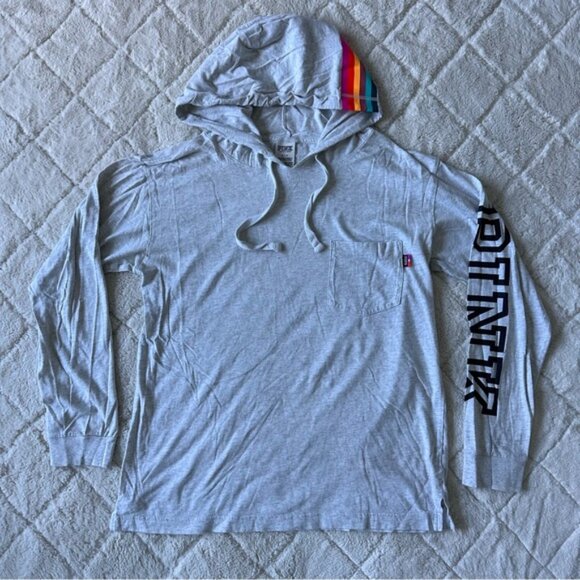 Victoria’s Secret PINK | Gray Logo Rainbow Tee Shirt Hoodie | Size Small - Picture 2 of 10